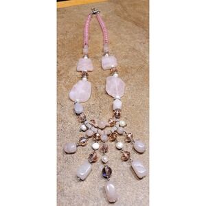 Vintage Boho Statement Rose Quartz Necklace Pink Beaded Dangle Choker